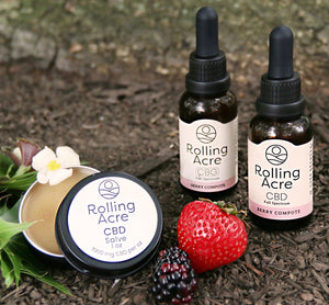 rolling acre, 1000mg cbd and cbg tinctures, 1000mg high strength cbd massage salve balm, all natural, harvested for health